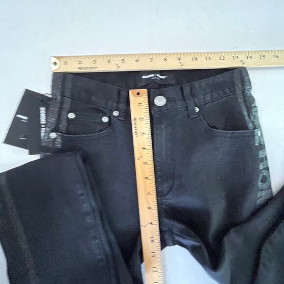 Homme + Femme NEW Skinny Distressed Jeans Mens Sz 28 Black Shimmer Logo Stripes - Picture 10 of 12
